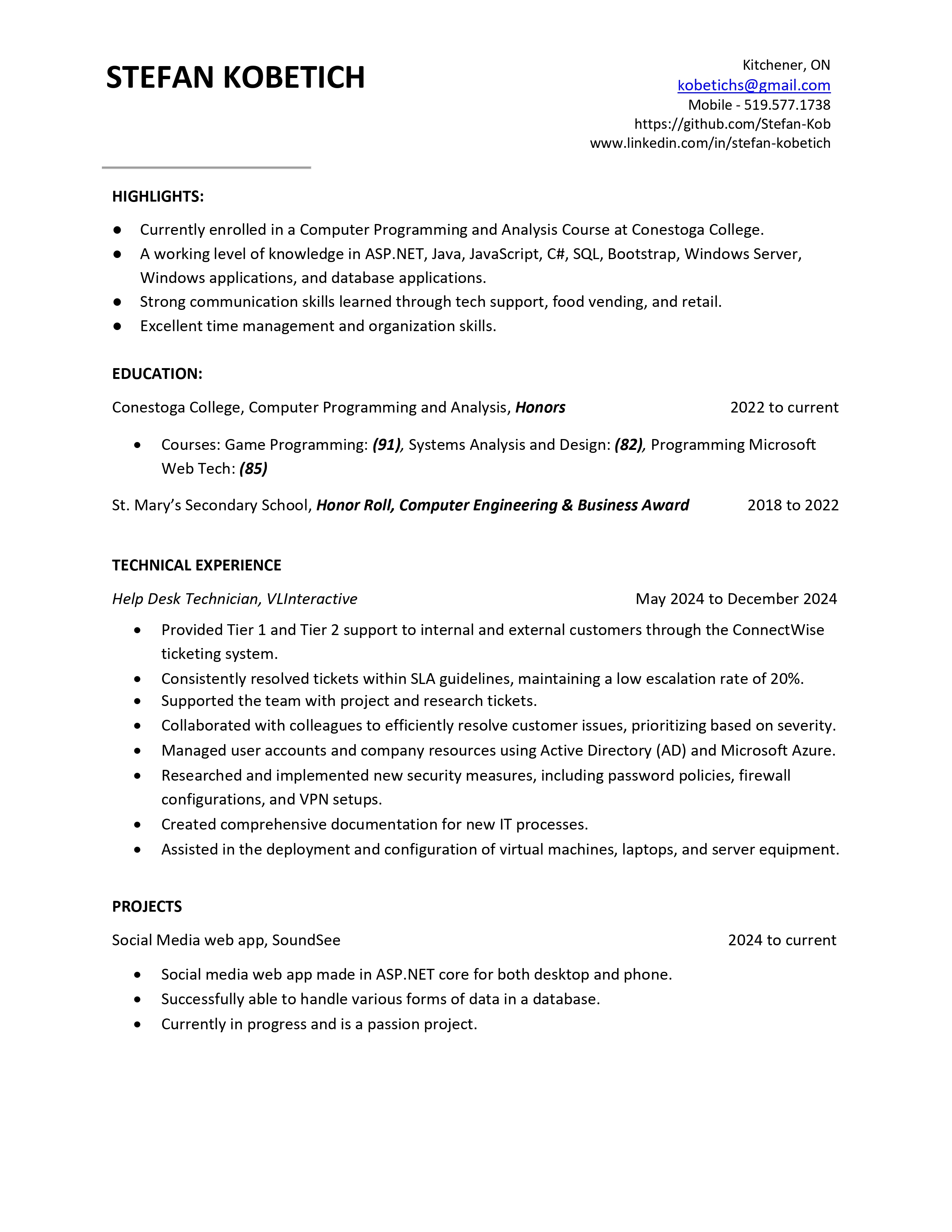 Image of the first page of Stefan's resume