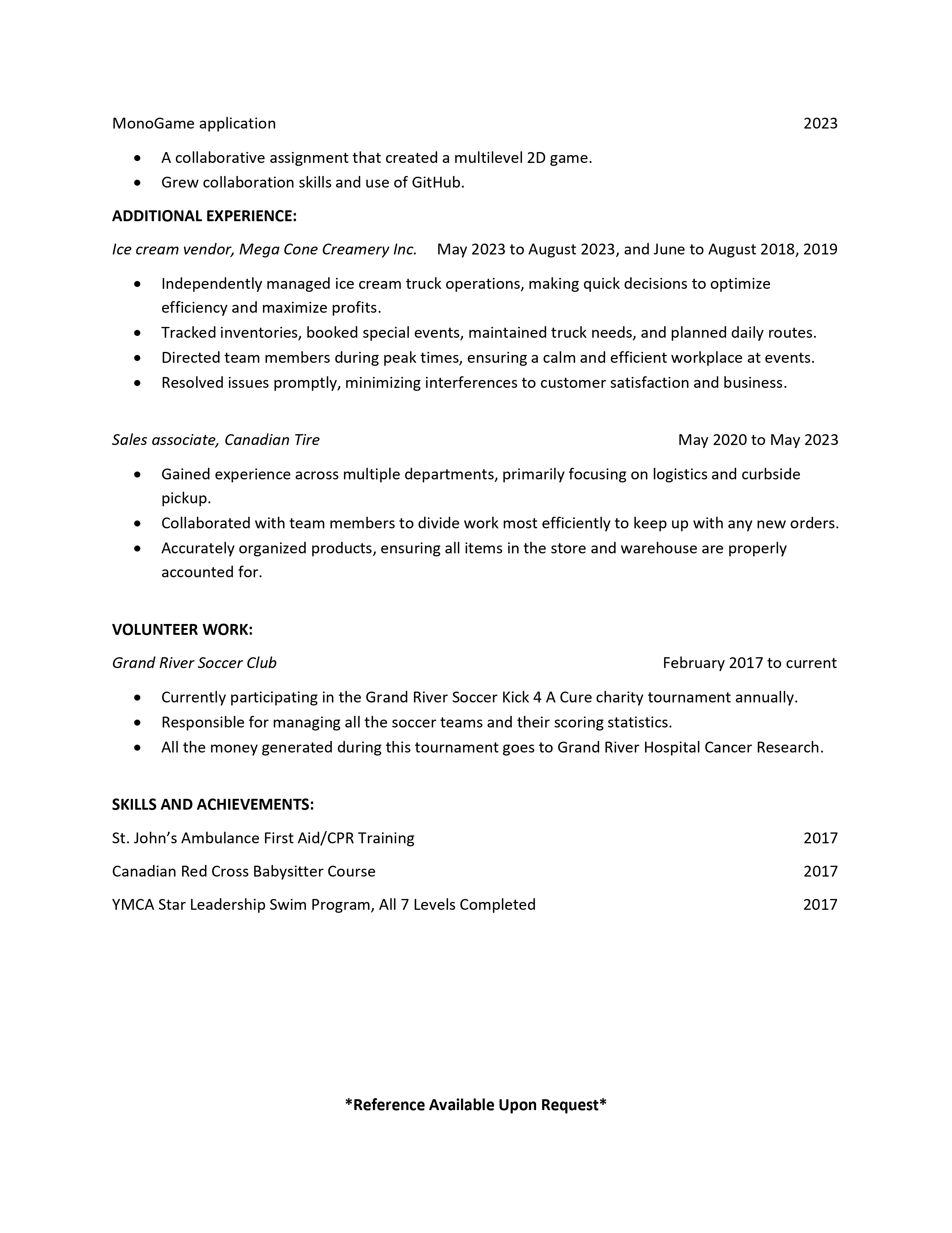 Image of the second page of Stefan's resume